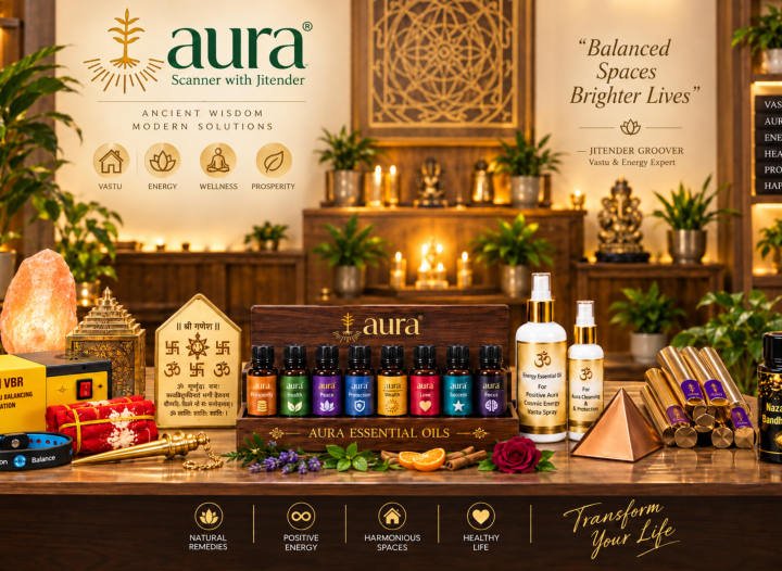 Aura essential oils, pyramids and remedies on a shelf